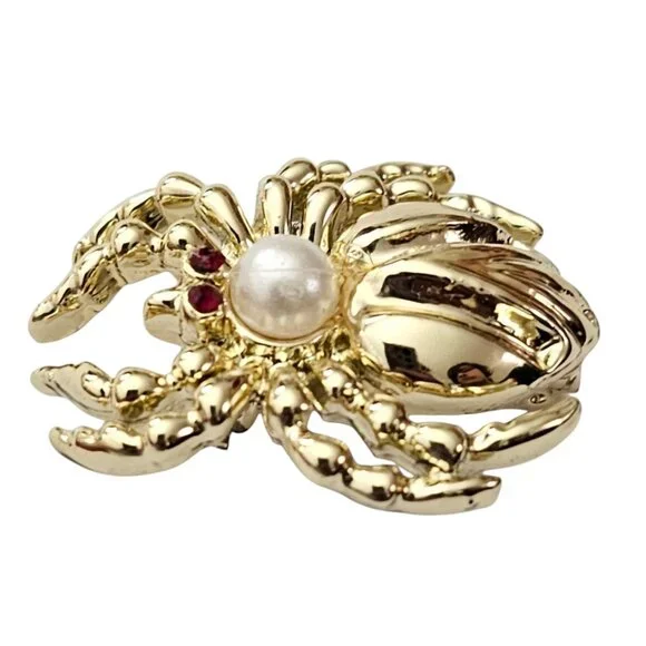 Gold Tone Vintage Faux  Pearl Spider Brooch, Red Rhinestone Pin L876 - Picture 3 of 8